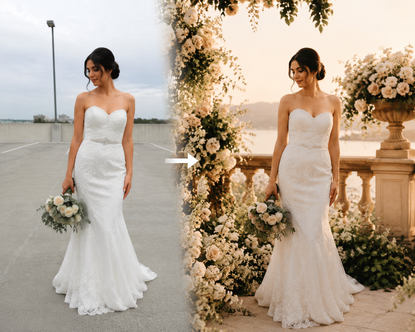 Un portrait simple transformé en scène naturelle de séance photo de mariage avec IA