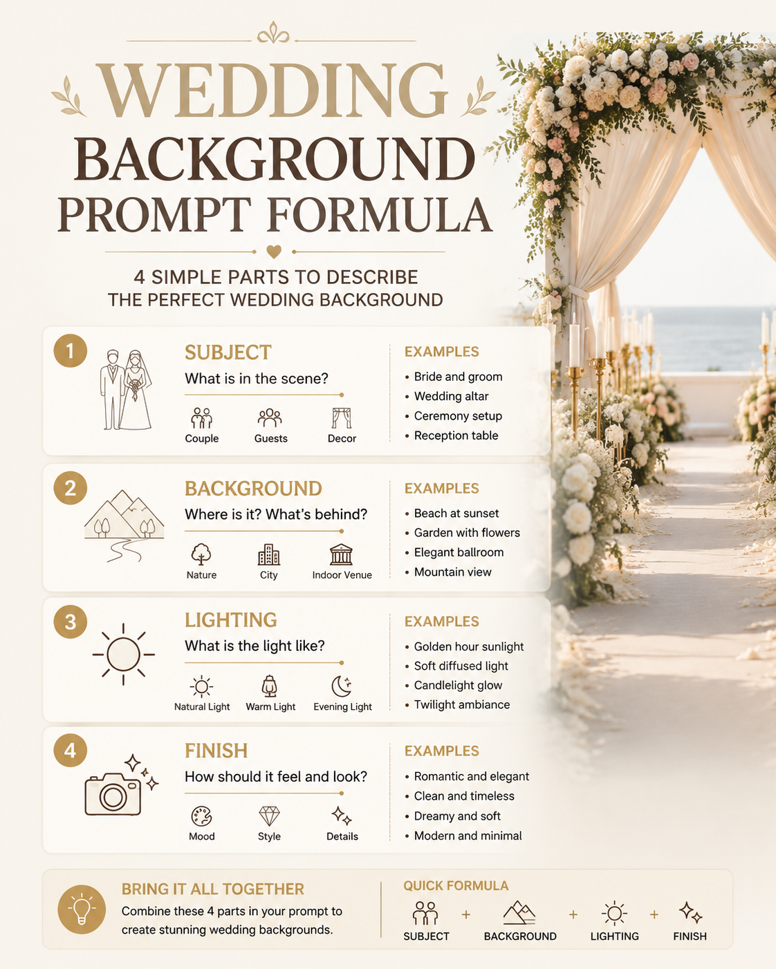 Infographie montrant une formule de prompt pour fond de mariage avec Gemini AI