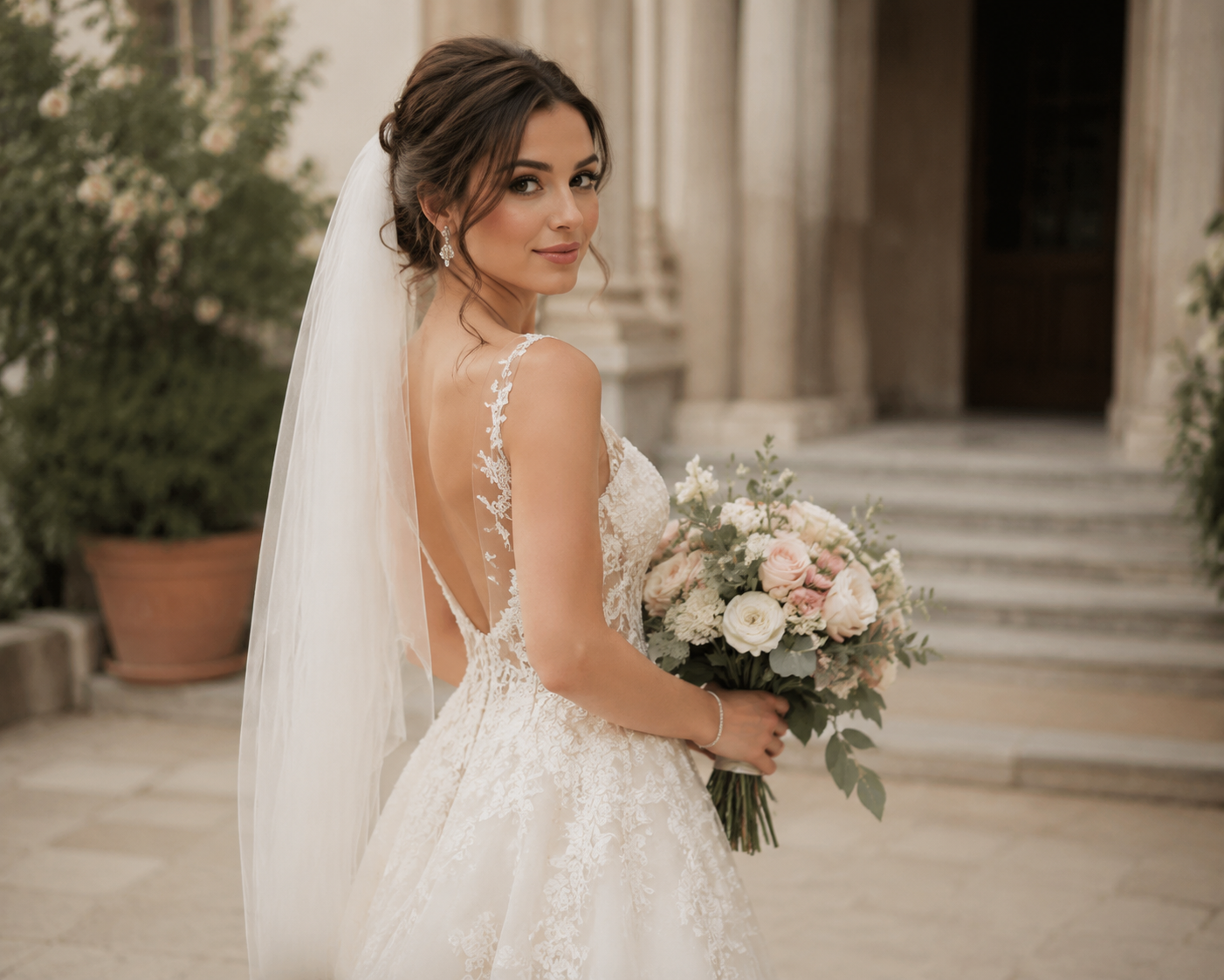 Portrait de mariage IA réaliste avec arrière-plan naturel de séance photo